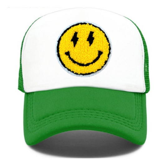 Kelly Green Trucker Hat with Bolt Eye's Smiely Patch
